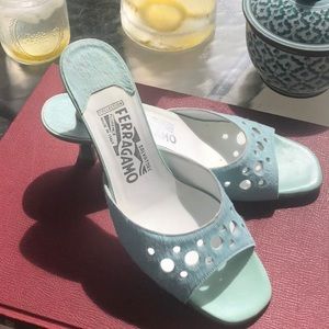 Light blue/ mint green Ferragamo kitten heels